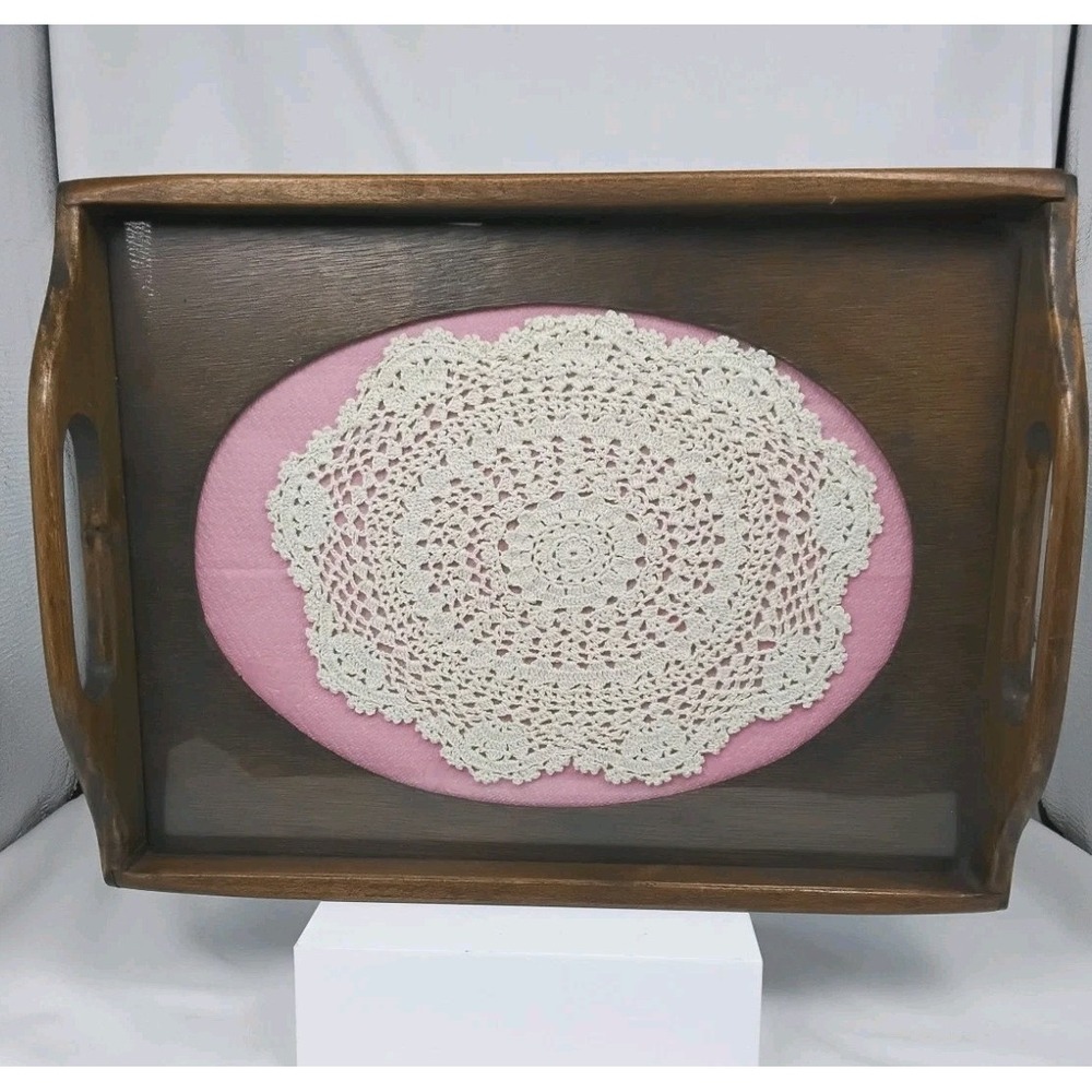 Vintage Hand‎ Crocheted Lace Doily Cottagecore Grandmacore Wooden Frame Tray